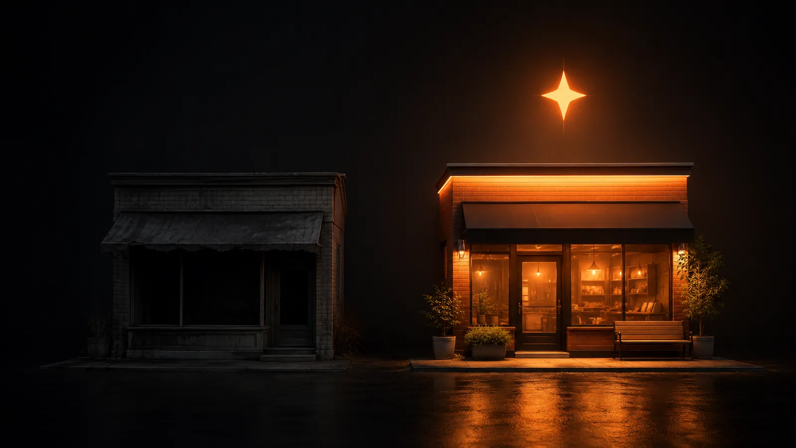 One local storefront sits dark and ignored while the one beside it glows, chosen by AI